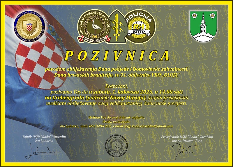 POZIV NA OBILJEŽAVANJE DANA POBJEDE I DOMOVINSKE ZAHVALNOSTI, DANA HRVATSKIH BRANITELJA TE 31. OBLJETNICE VRO „OLUJA“